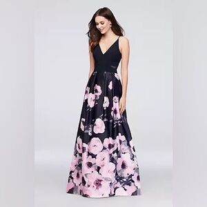Xscape V Neck Jersey and Printed Satin Ball Gown